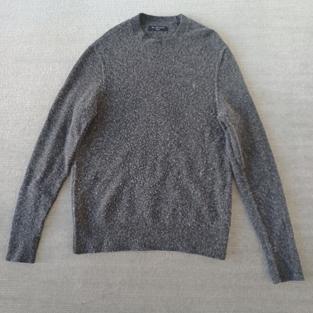 All Saints Statten Ramskull Crew Neck Sweater Mens S Gray Fuzzy Stretch Casual